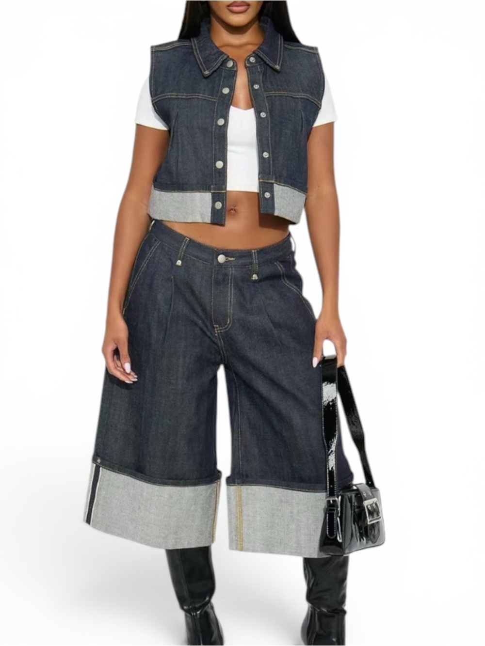 Fashion Nova Dark Indigo Wide-Leg Cropped Jeans and Vest Set